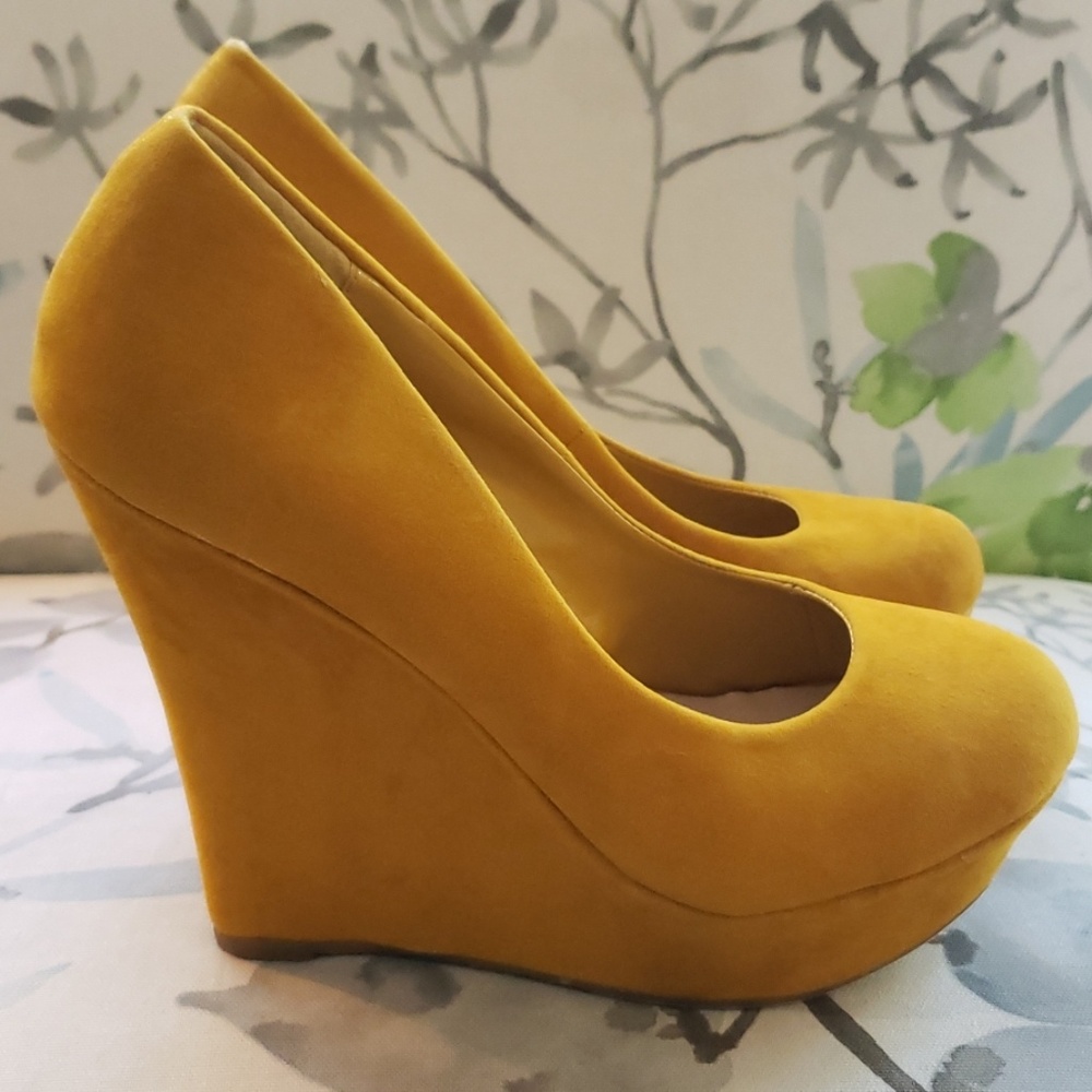 Eye Candie Mustard Yellow Velour Platform Wedges